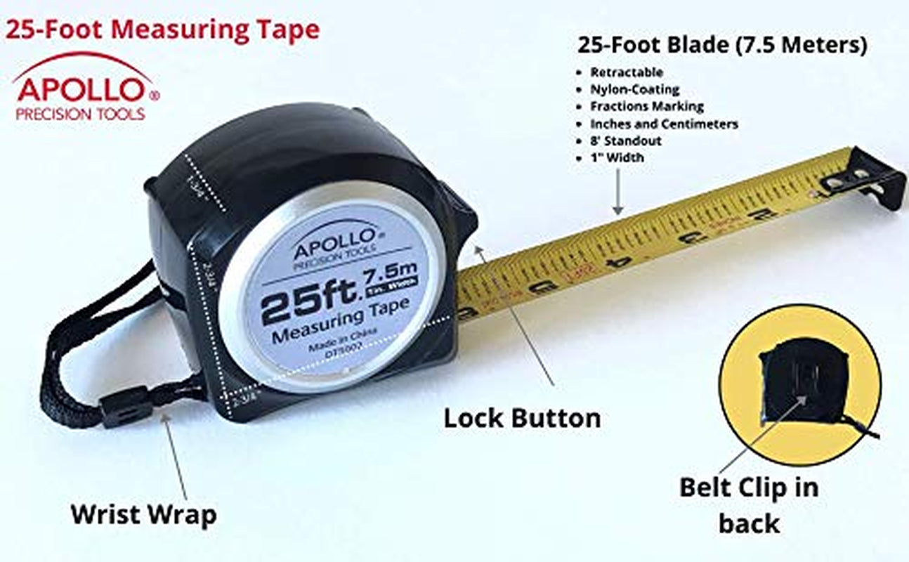 Tools Measuring Tape, 25 Foot Tape Measure with Retractable Blade, Fraction Markings, 1 Inch Nylon Blade, 8 Foot Standout, Lock Button and Belt Clip - Black - DT5002