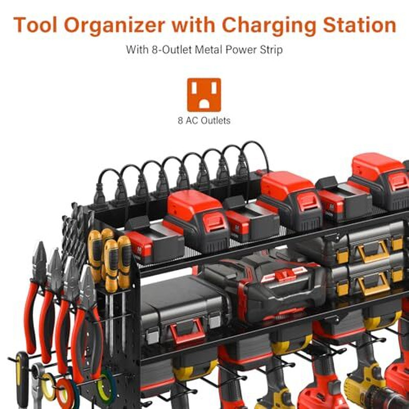 Large Pegboard Power Tool Organizer with Charging Station, 8 Drills Black