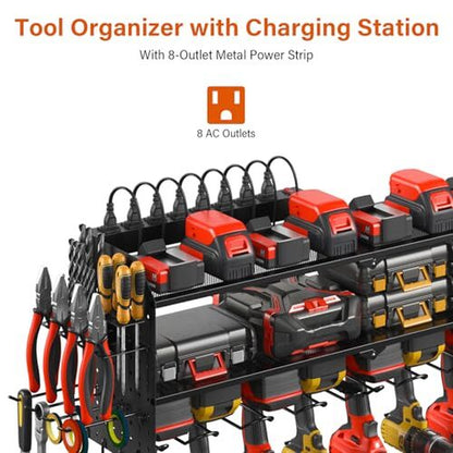 Large Pegboard Power Tool Organizer with Charging Station, 8 Drills Black