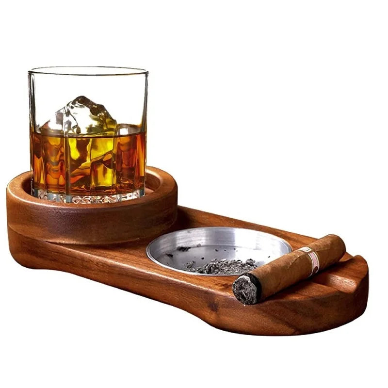 Wood Cigar Ashtray with Whiskey Glass Holder Wooden Ash Tray Desk Accessories for Bar Home Decoration Cool Gadget Gift for Men