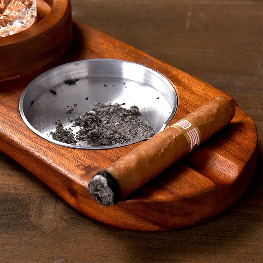 Wood Cigar Ashtray with Whiskey Glass Holder Wooden Ash Tray Desk Accessories for Bar Home Decoration Cool Gadget Gift for Men