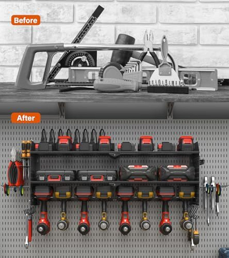 Large Pegboard Power Tool Organizer with Charging Station, 8 Drills Black