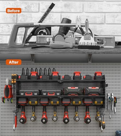 Large Pegboard Power Tool Organizer with Charging Station, 8 Drills Black