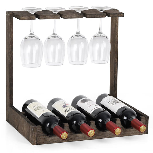 Wine Holder Display Shelf Wood Wine Rack Stand with Glass Holder for Home Brown