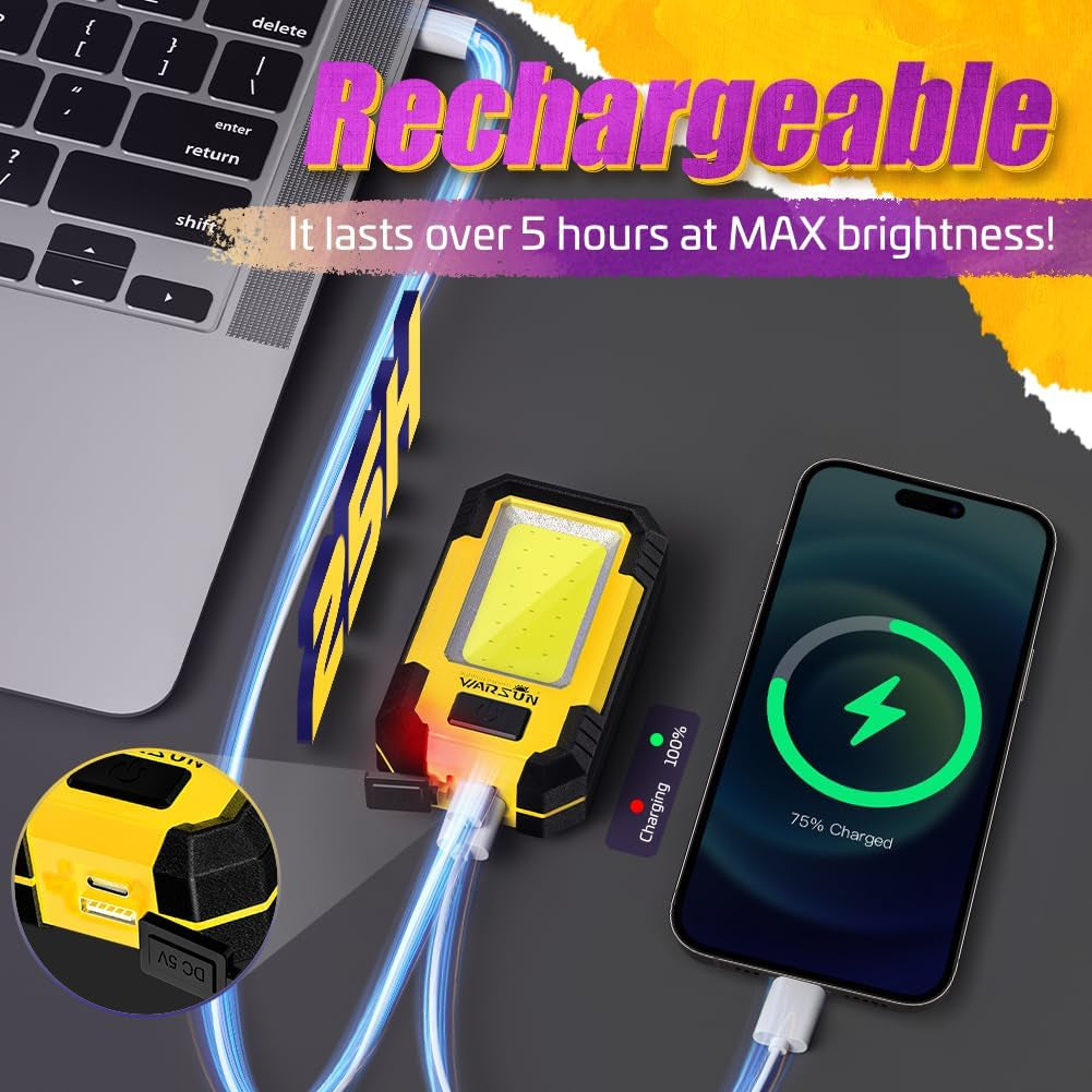 Rechargeable Work Light LED Magnetic Mechanic Light Portable Worklight for Camping Car Repairing 1200 High Lumens Bright Yellow