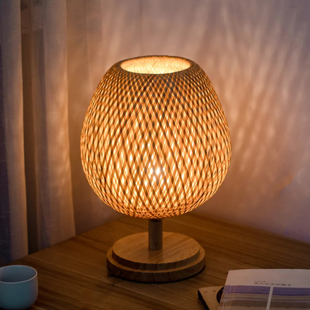 Small Rattan Table Lamp, Stepless Dimmable beside Lamp, Vintage Wicker Wooden Nightstand Lamp, for Bedroom Living Room Desk