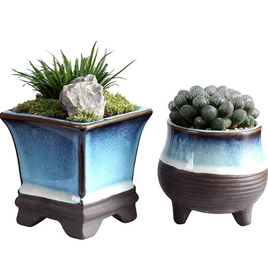 Ceramic Flowerpot Tianmu Glaze Blue Bonsai Pot Only Vase without Plant Breathable Container for Office Balcony Garden Home Decor