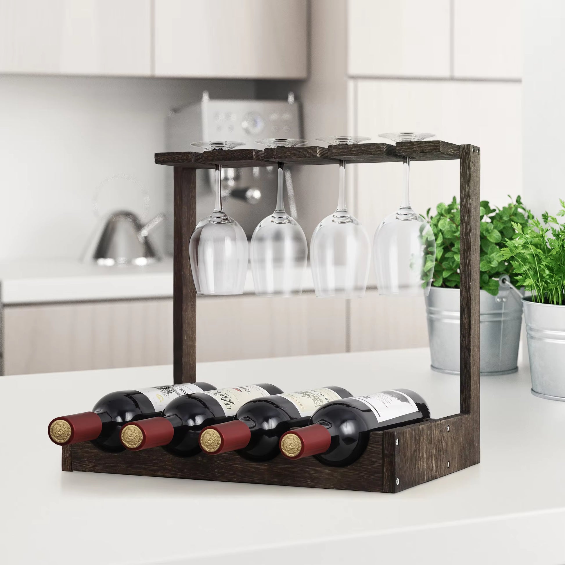 Wine Holder Display Shelf Wood Wine Rack Stand with Glass Holder for Home Brown