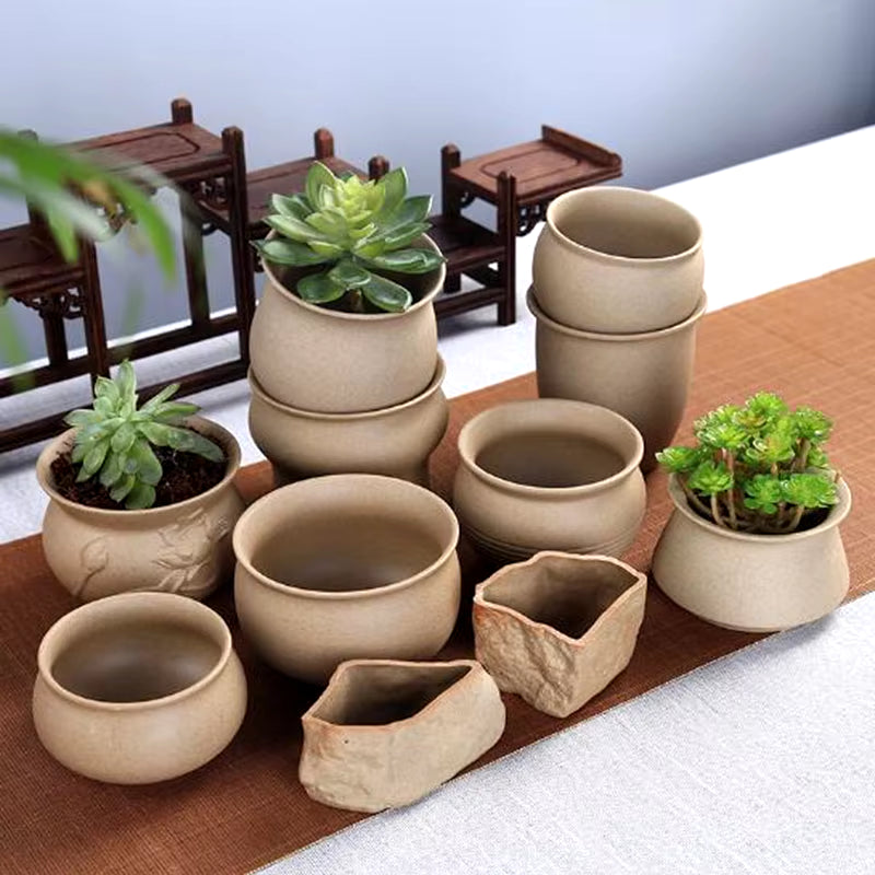 Retro Coarse Pottery Succulent Plant Pot Beathable Vase Many Kinds Shape Flower Pot Bonsai Planter Flowerpot Desktop Decoration