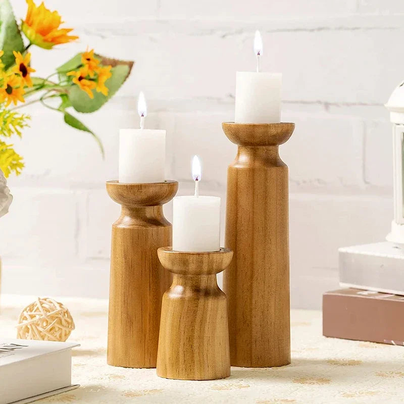 3PCS Natural Wooden Candlesticks Holders Retro Wedding Candle Holder Stand Festival Party Table Home Decorations