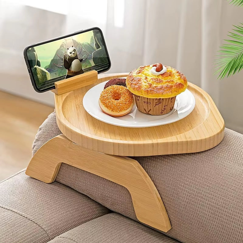 Sofa Wooden Tray with Rotating Mobile Phone Stand Fruit Tray Wooden Crafts Decoration