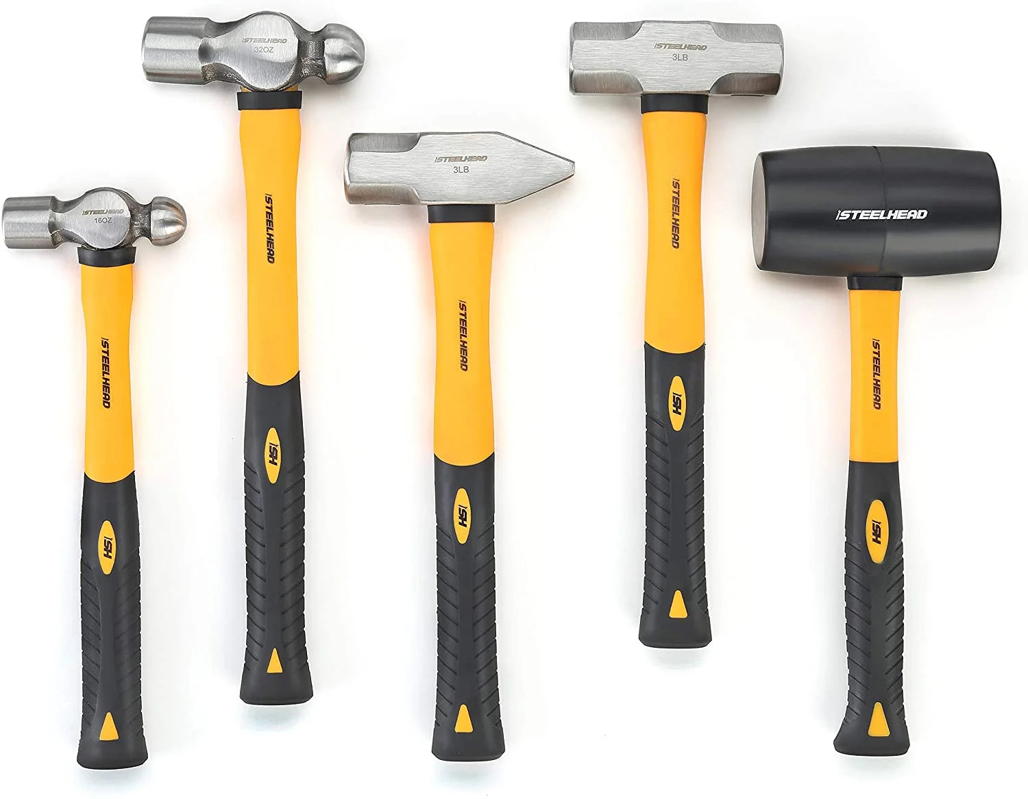 5-Piece Fiberglass Handle Hammer & Mallet Set, 16Oz Ball-Peen Hammer, 32Oz Ball-Pein Hammer, 32Oz Rubber Mallet, 3Lb Sledge Hammer, 3Lb Cross-Pain Hammer