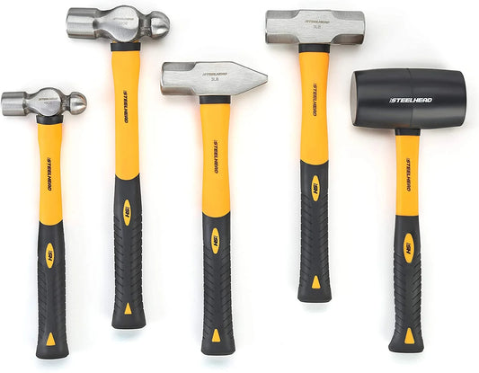 5-Piece Fiberglass Handle Hammer & Mallet Set, 16Oz Ball-Peen Hammer, 32Oz Ball-Pein Hammer, 32Oz Rubber Mallet, 3Lb Sledge Hammer, 3Lb Cross-Pain Hammer