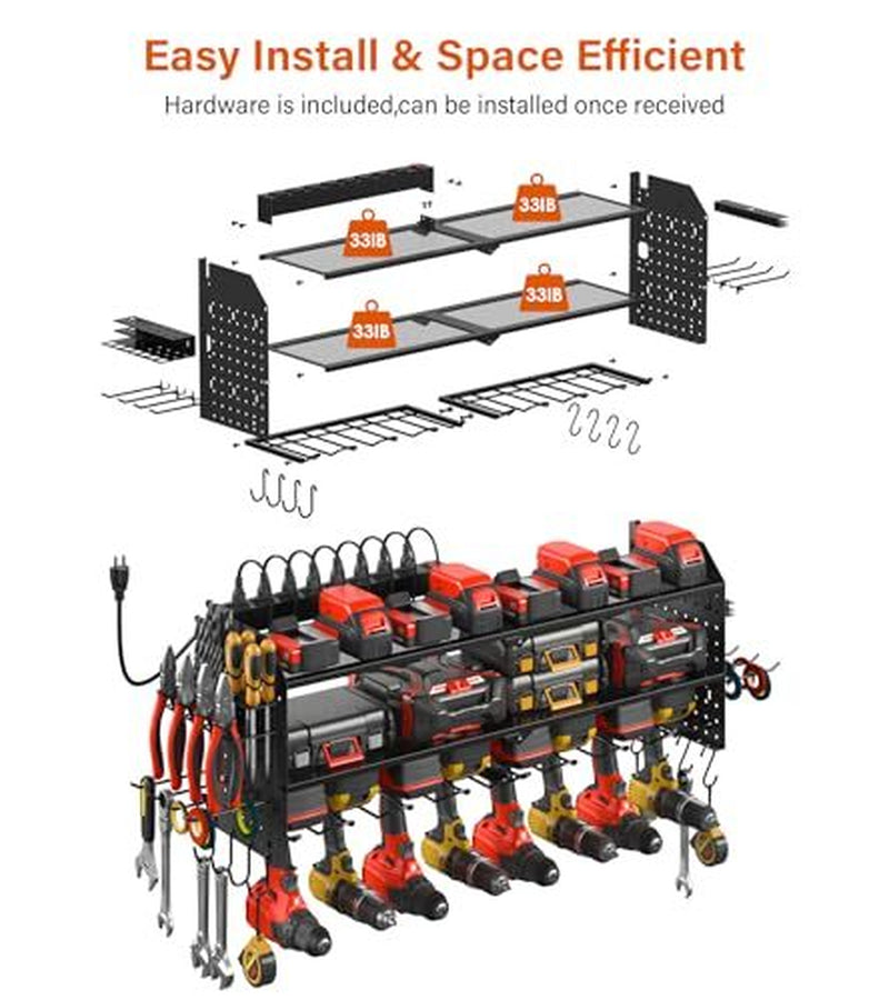Large Pegboard Power Tool Organizer with Charging Station, 8 Drills Black