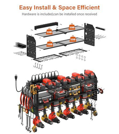 Large Pegboard Power Tool Organizer with Charging Station, 8 Drills Black