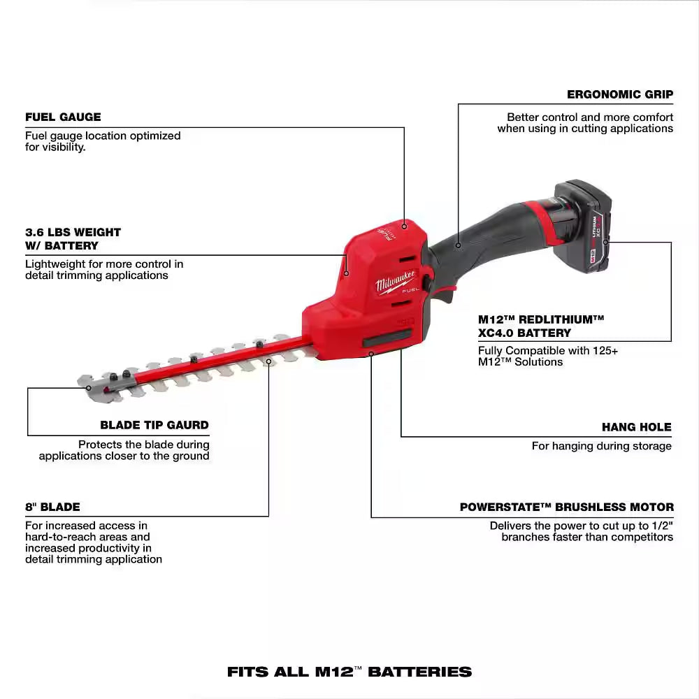 M12 FUEL 8 In. 12V Lithium-Ion Brushless Cordless Hedge Trimmer Kit with 4.0 Ah Battery and Charger