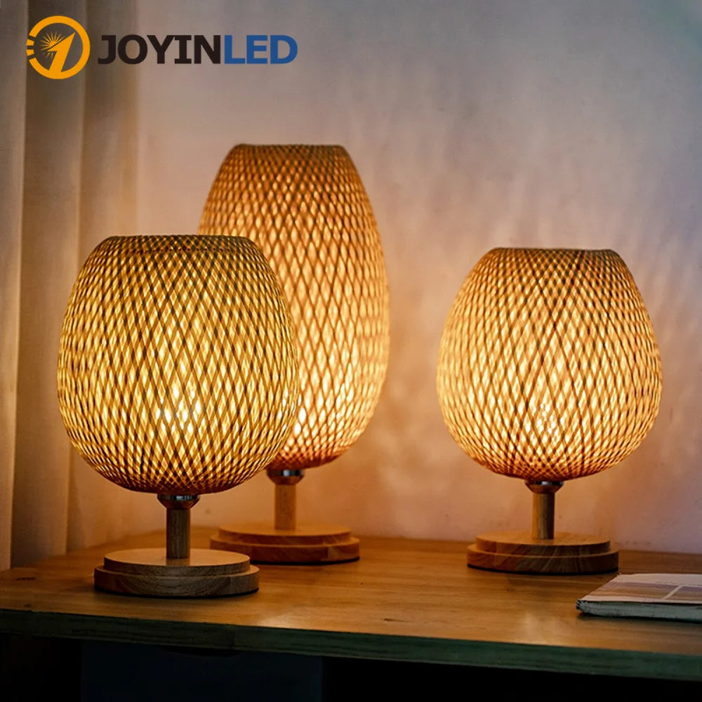 Small Rattan Table Lamp, Stepless Dimmable beside Lamp, Vintage Wicker Wooden Nightstand Lamp, for Bedroom Living Room Desk