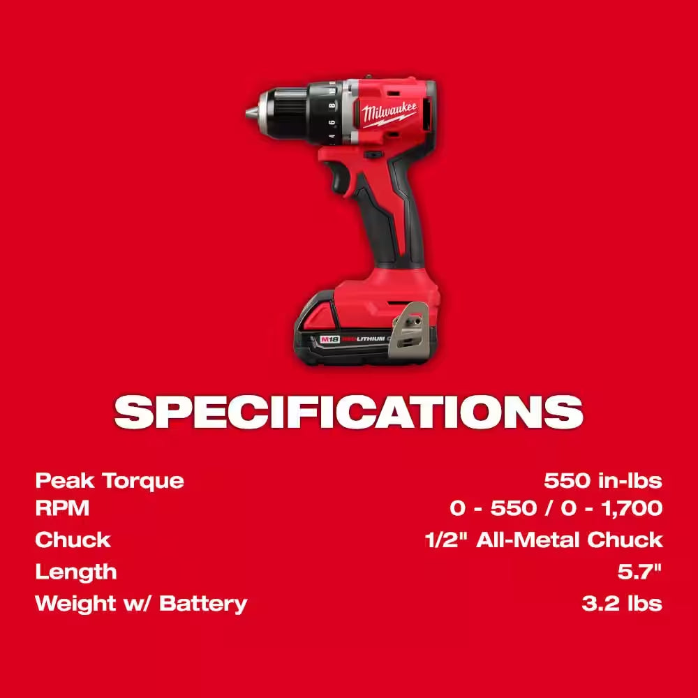 M18 18V Lithium-Ion Brushless Cordless 1/2 In. Compact Drill/Driver Kit with Two 2.0 Ah Batteries, Charger and Case