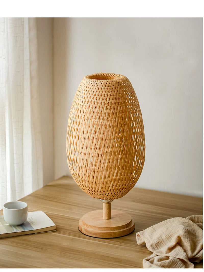 Small Rattan Table Lamp, Stepless Dimmable beside Lamp, Vintage Wicker Wooden Nightstand Lamp, for Bedroom Living Room Desk