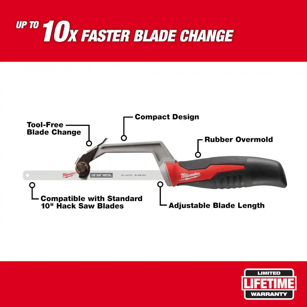 Compact Hack Saw with 10 In. 24 TPI Bi-Metal Blade