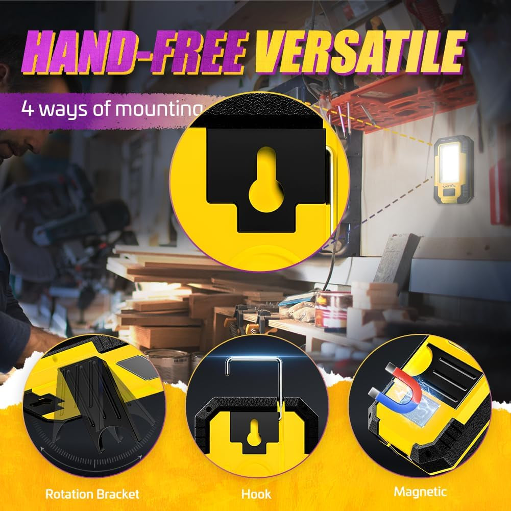 Rechargeable Work Light LED Magnetic Mechanic Light Portable Worklight for Camping Car Repairing 1200 High Lumens Bright Yellow