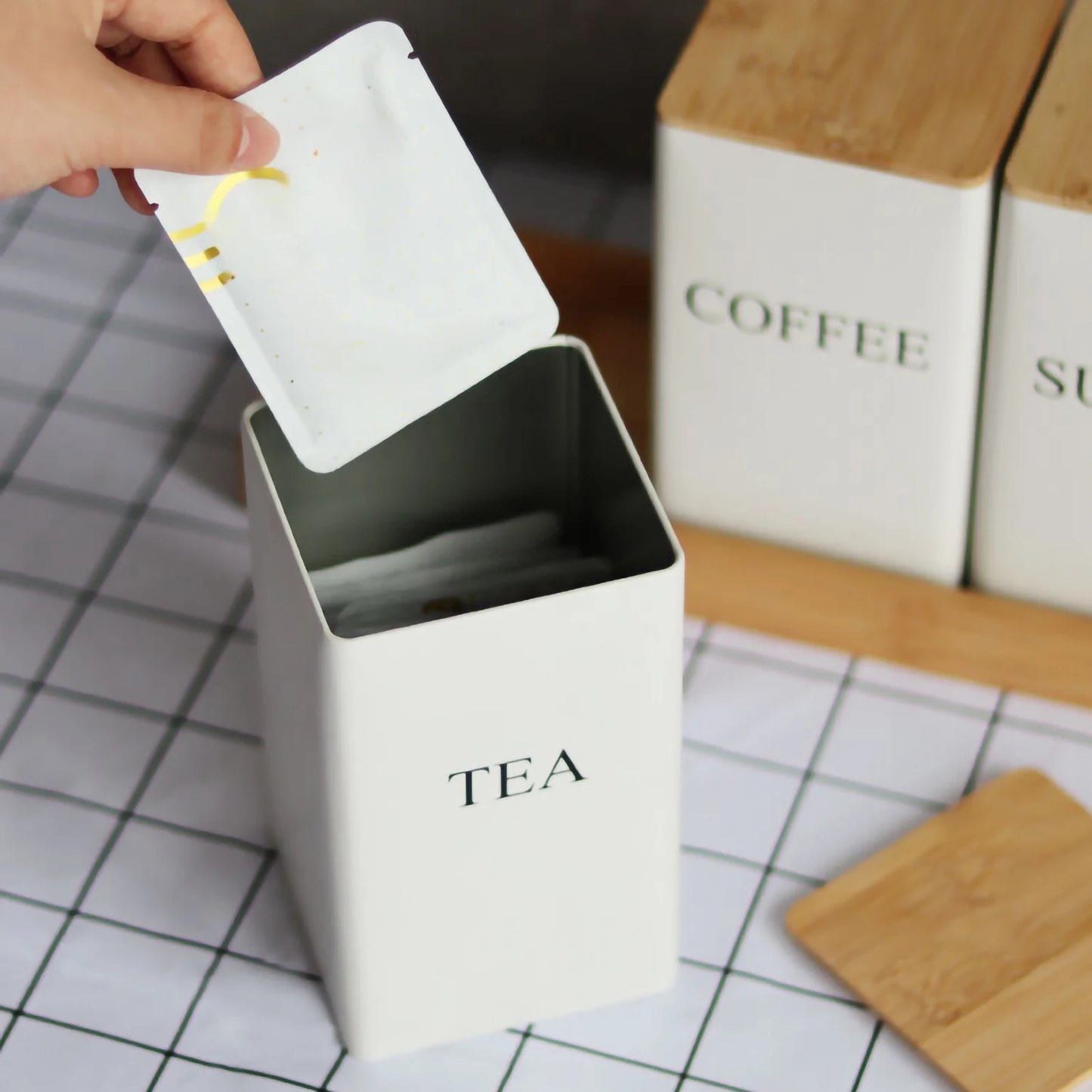 Tea, Coffee and Sugar metal boxes with bamboo lids