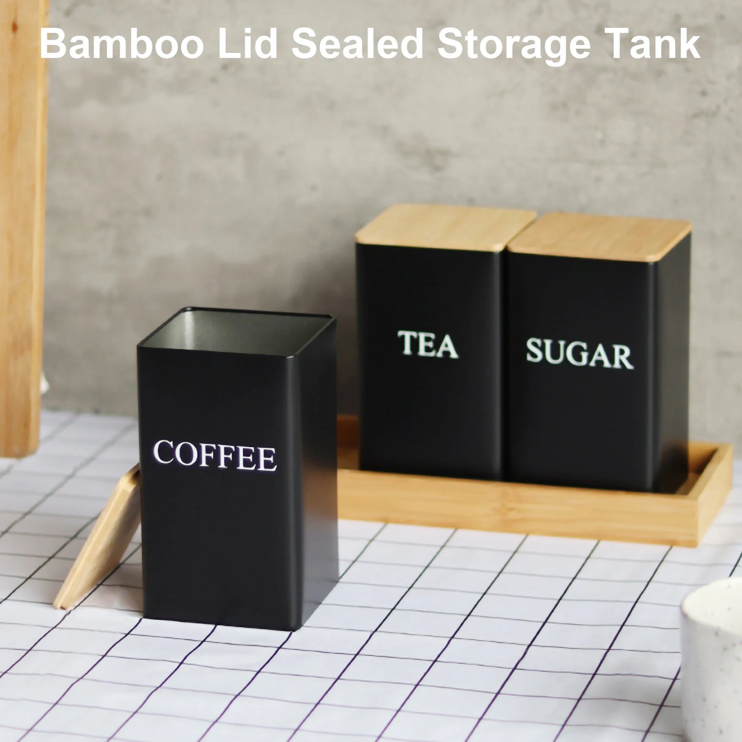 Tea, Coffee and Sugar metal boxes with bamboo lids