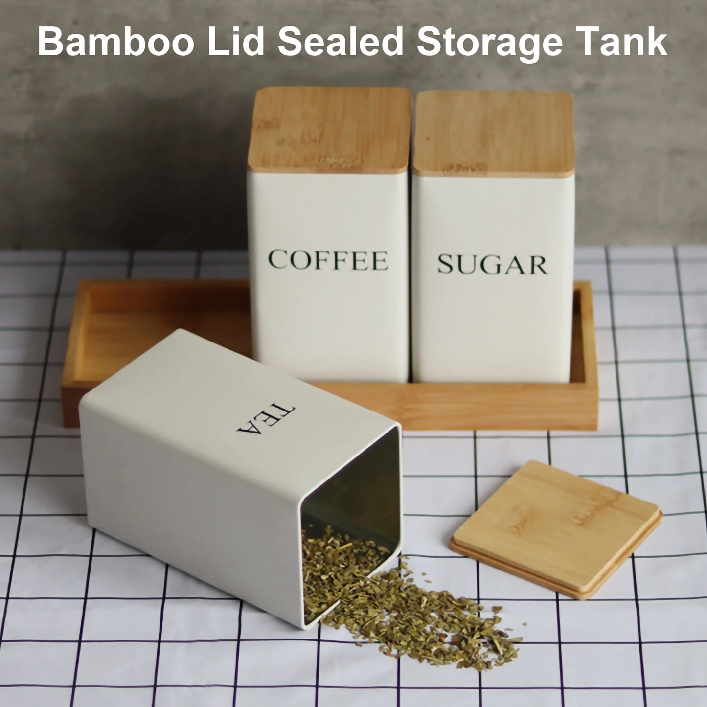 Tea, Coffee and Sugar metal boxes with bamboo lids