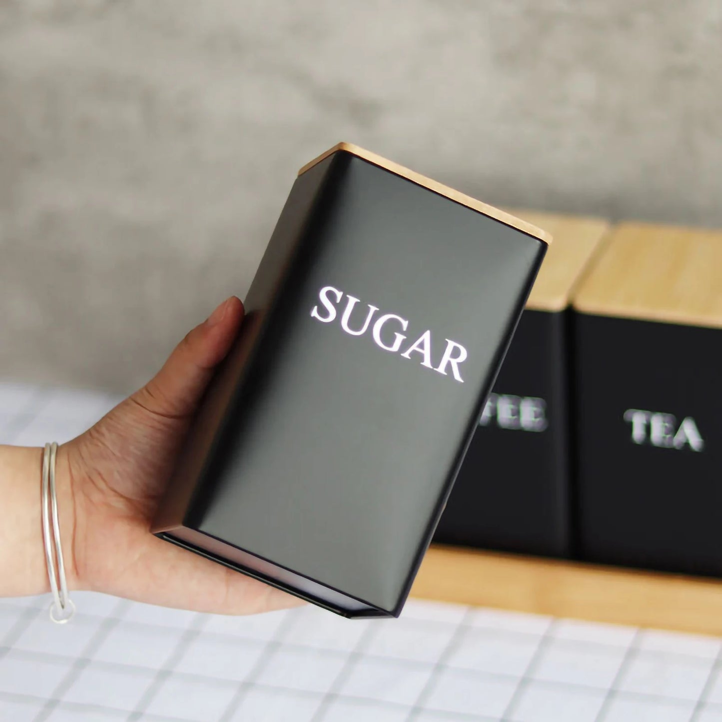 Tea, Coffee and Sugar metal boxes with bamboo lids