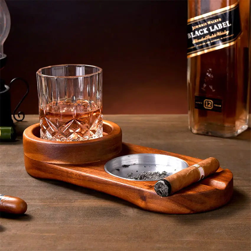 Wood Cigar Ashtray with Whiskey Glass Holder Wooden Ash Tray Desk Accessories for Bar Home Decoration Cool Gadget Gift for Men