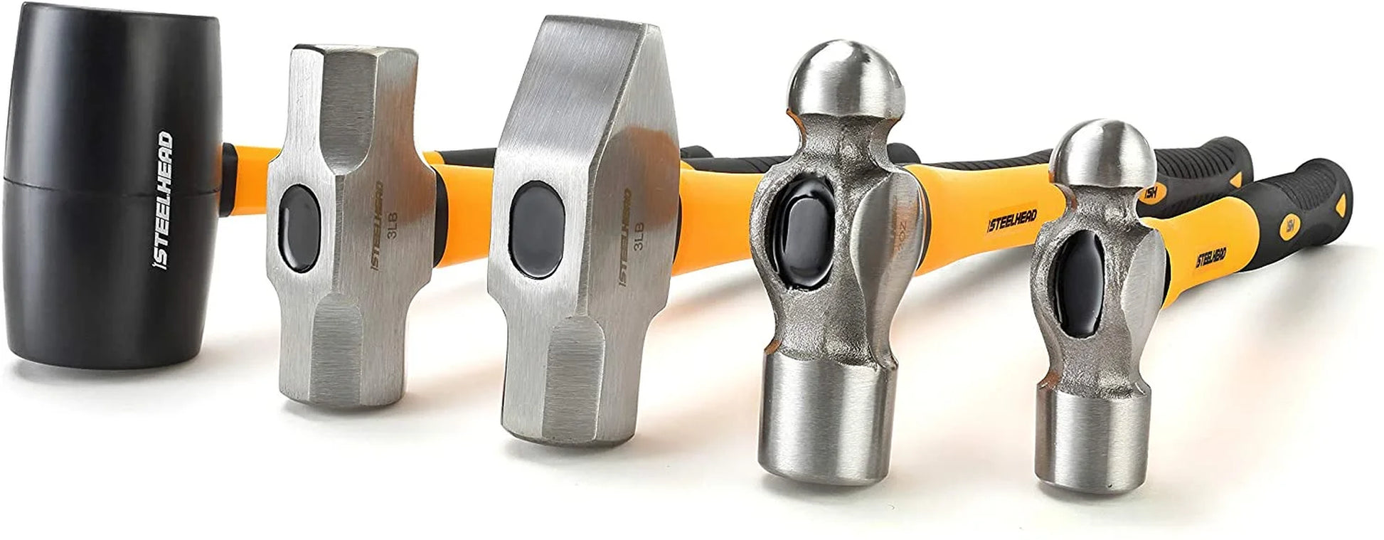 5-Piece Fiberglass Handle Hammer & Mallet Set, 16Oz Ball-Peen Hammer, 32Oz Ball-Pein Hammer, 32Oz Rubber Mallet, 3Lb Sledge Hammer, 3Lb Cross-Pain Hammer