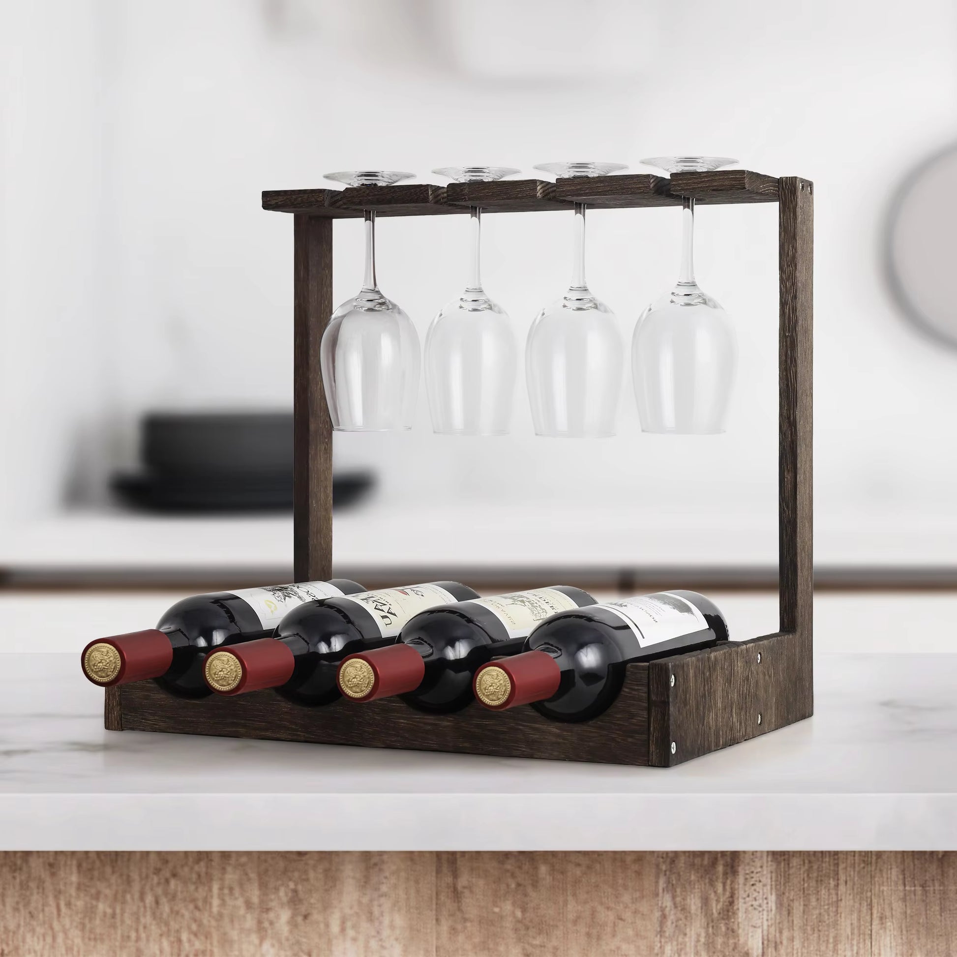 Wine Holder Display Shelf Wood Wine Rack Stand with Glass Holder for Home Brown