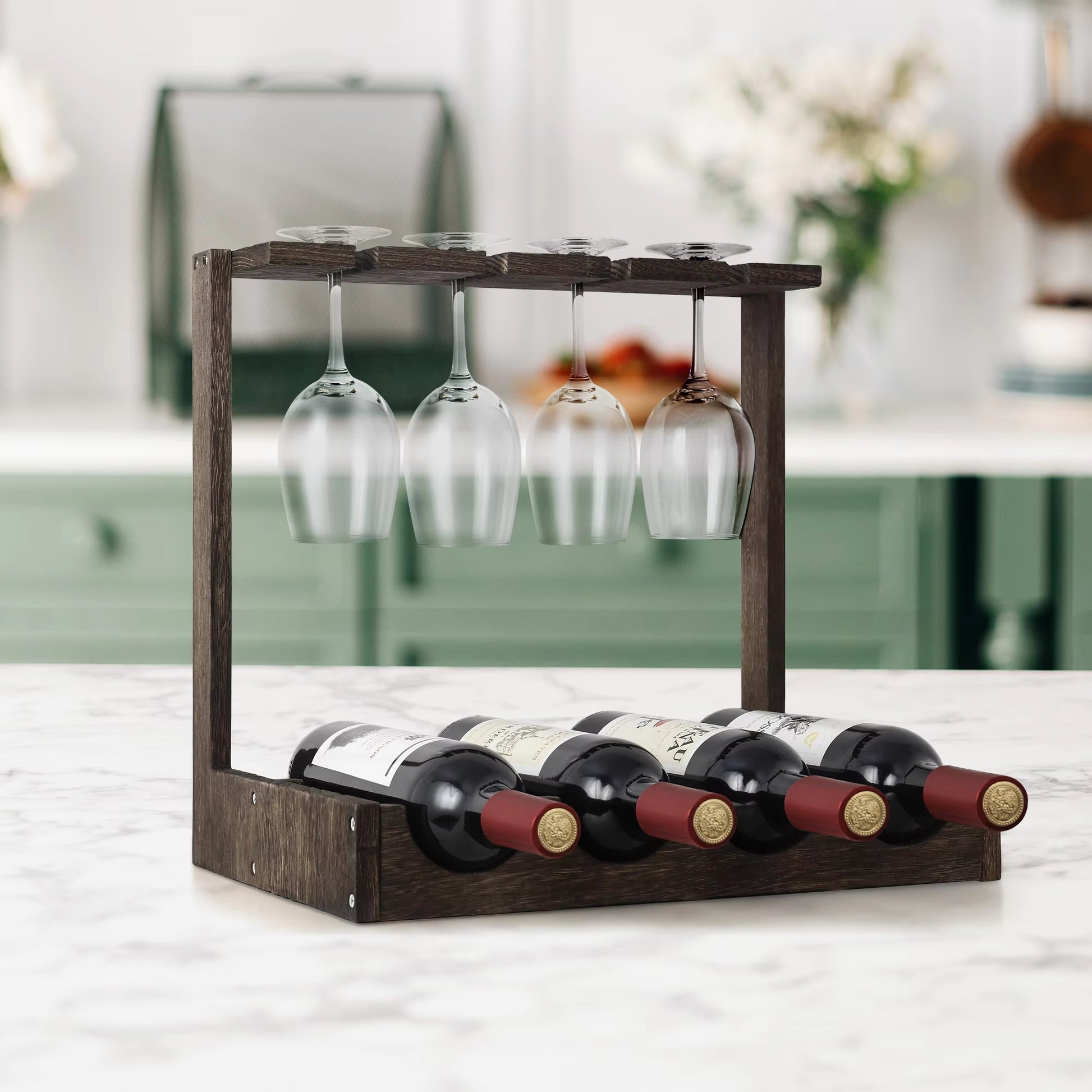 Wine Holder Display Shelf Wood Wine Rack Stand with Glass Holder for Home Brown