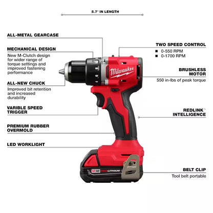 M18 18V Lithium-Ion Brushless Cordless 1/2 In. Compact Drill/Driver Kit with Two 2.0 Ah Batteries, Charger and Case