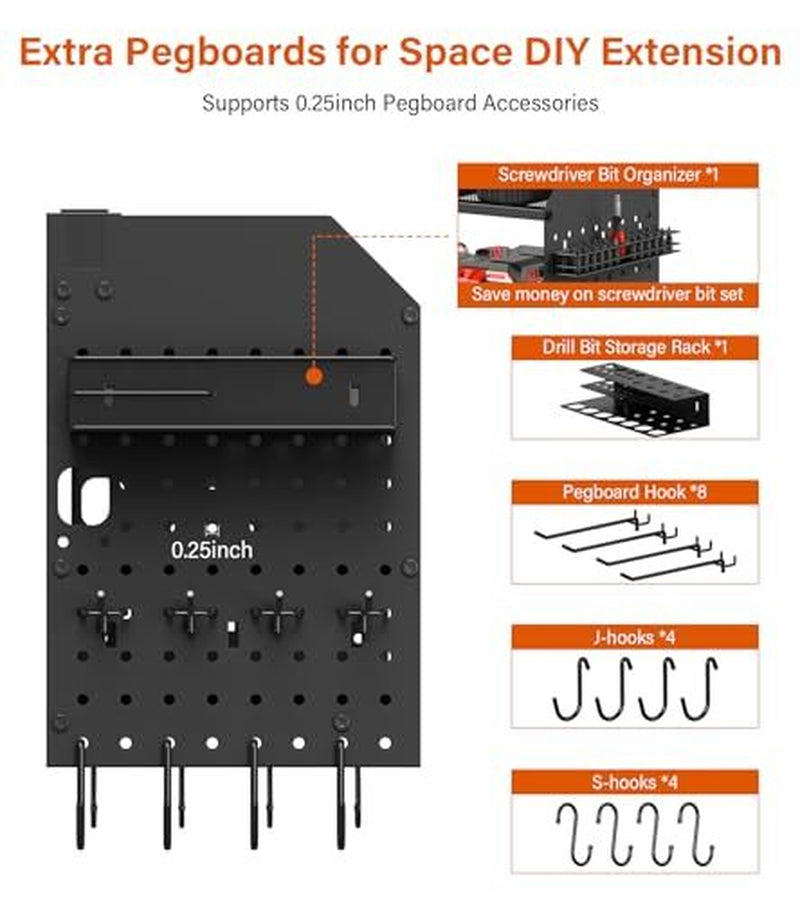 Large Pegboard Power Tool Organizer with Charging Station, 8 Drills Black