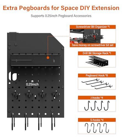 Large Pegboard Power Tool Organizer with Charging Station, 8 Drills Black