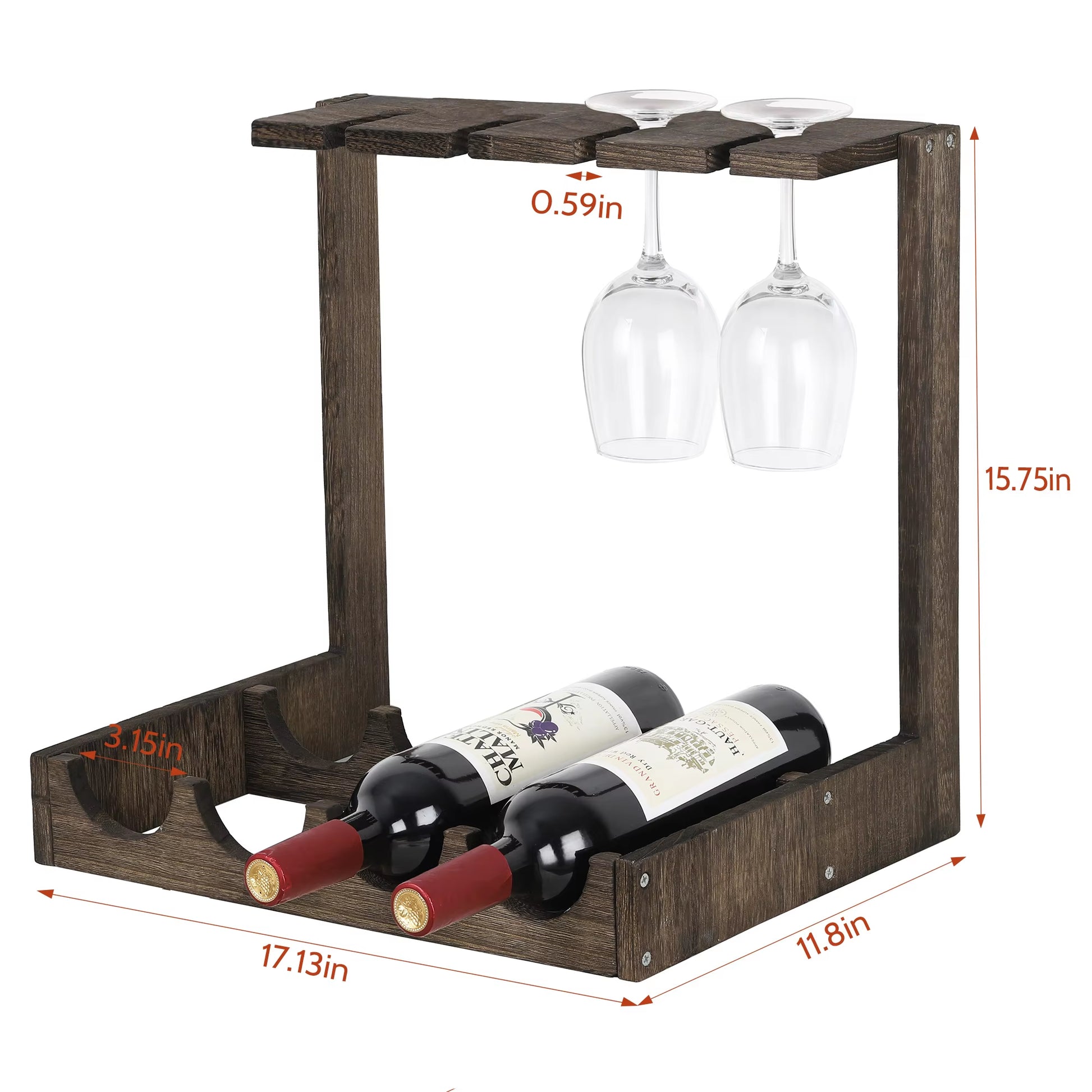 Wine Holder Display Shelf Wood Wine Rack Stand with Glass Holder for Home Brown