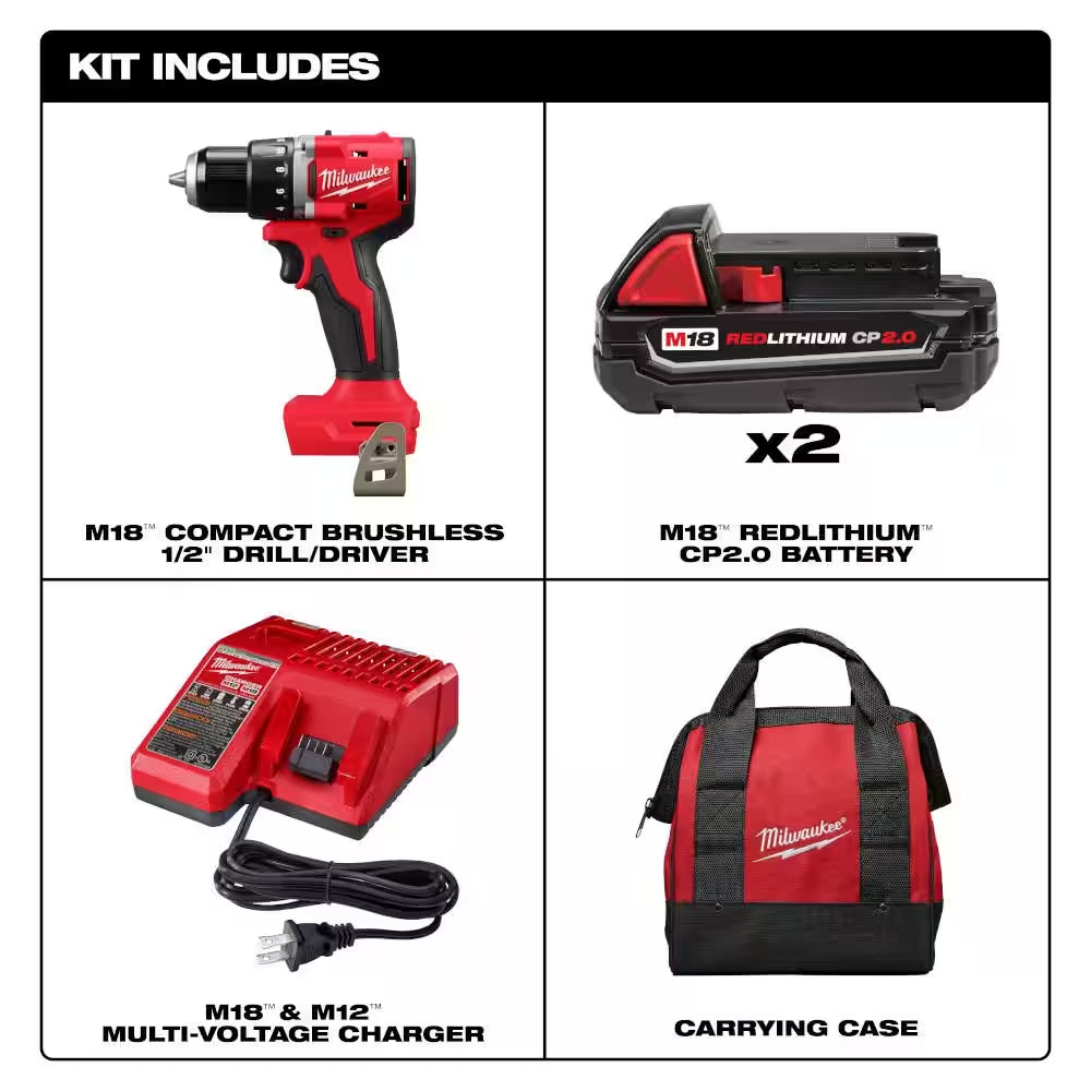 M18 18V Lithium-Ion Brushless Cordless 1/2 In. Compact Drill/Driver Kit with Two 2.0 Ah Batteries, Charger and Case